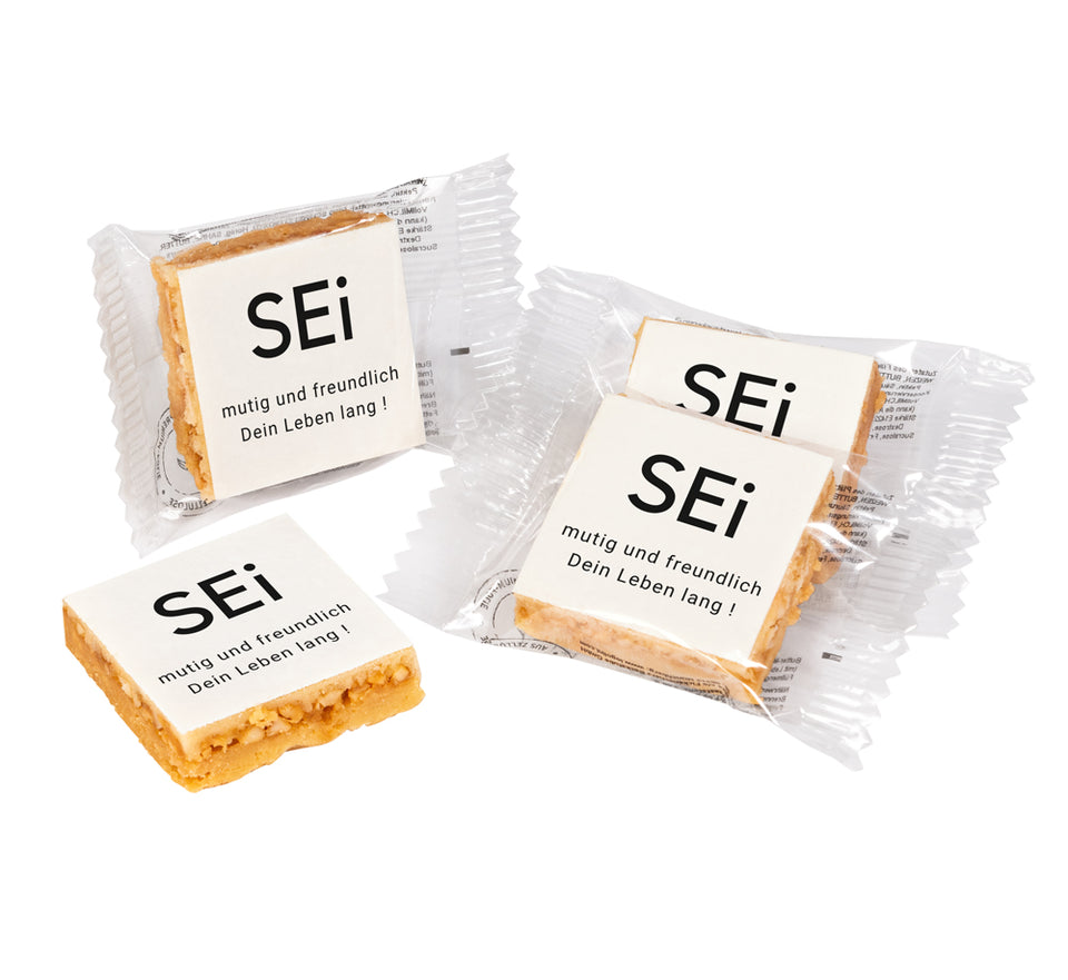 "Sei mutig und freundlich" -  12 x Gourmet-Motivkekse in kompostierbarer Folie